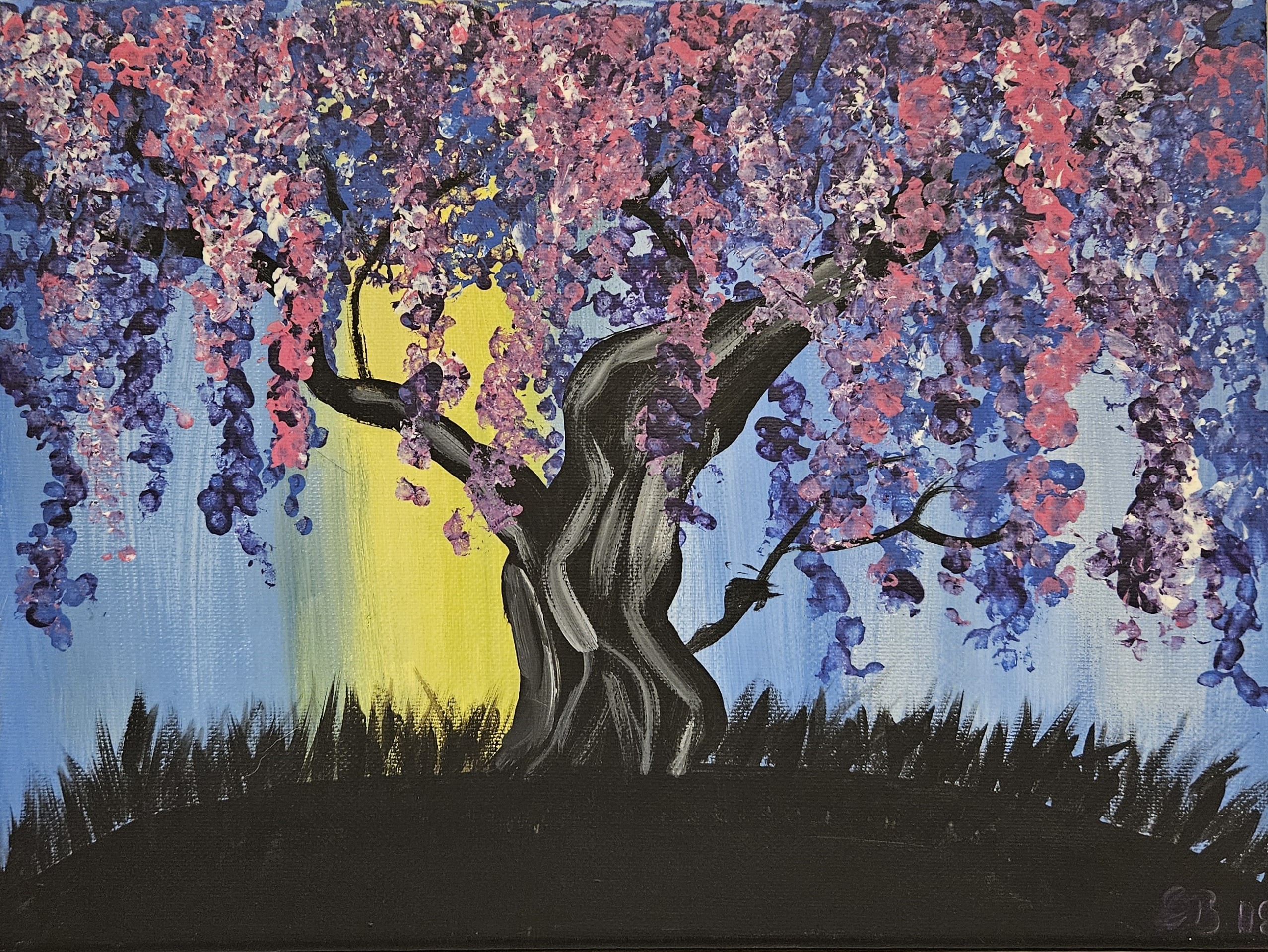 A painting of a wisteria willow tree. The tree has purple blooms of various shades. The ground and the trunk of the tree are black with detailing using silhouette or outlining wood grains in a lighter colour. The background is blue with a vertical yellow streak of light.