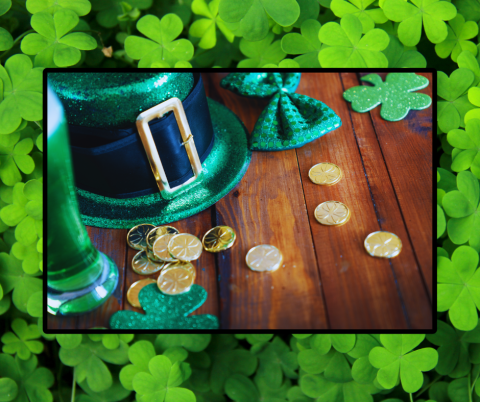 A background of shamrocks with an inset of a leprechaun hat, bowtie and money