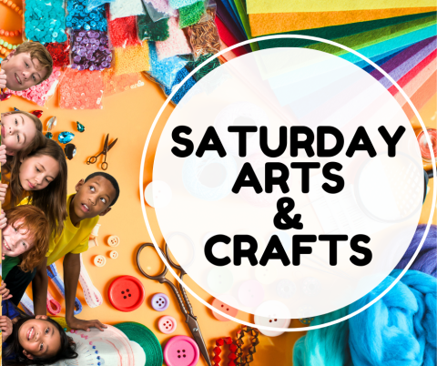 A variety of craft supplies for the background with a group of kids peeking from the left side.