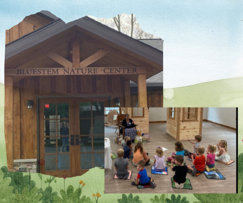 The entrance of the nature center in Monticello, IN and an insert of a story time there.