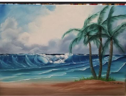 A painting of a beach with palm trees off to the right side and a rolling wave in the distance.