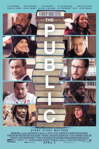 poster for the movie "The Public." The cast is pictured on each side of a stack of books in individual portraits, taken from scenes of the movie.