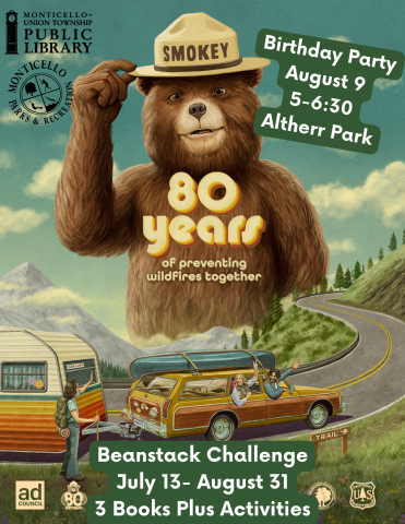 Smokey Bear with 80 years.  Vintage station wagon with RV trailer attaches and a canoe on top of the car going up a mountain road.