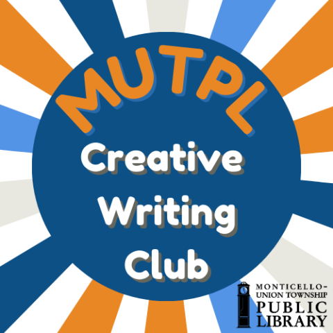 A simple logo for the MUTPL Creative Writing Club. It is comprised of a dark blue circle in the center of the image with sunbeam lines of dark blue, light blue, orange, and off-white emerging from behind it. The word "MUTPL" in orange curve along the top of the circle while "Creative Writing Club" is written under it in white. The library's clock logo is in the bottom right corner in black.