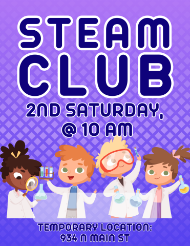 Purple background with 4 children in science coats.  They look happy ad excited.  