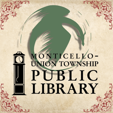 A simple logo for the D&D group at the library. It includes a simplified image of a green dragon flying in a circle, and the library logo and name is right across the center of the image.