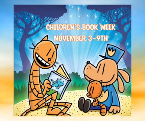 Petey the cat reading to Dog Man and Lil Pete on the ground with trees with light shining up like a sunrise.