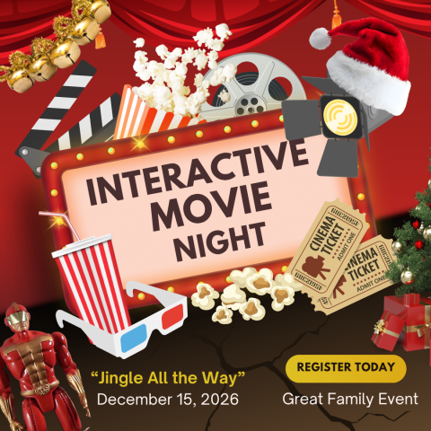 Red background with movie reels, lights, clapper, popcorn and tickets.  Jingle bells, santa hat, Turbo man and tree peeking on edges.