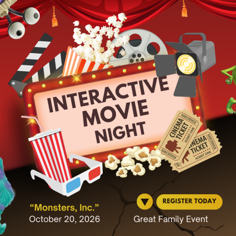 Movie reels, clapper, popcorn, 3D glasses, and tickets on a red background with little peeks of monsters on the edges.