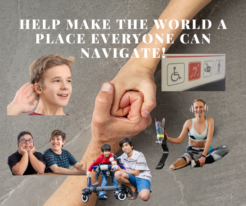 Teens with disabilities, boy with hearing aid, kids with downs syndromes, boy helping younger boy in wheelchair, girl with her prosthetic leg, disability sign.