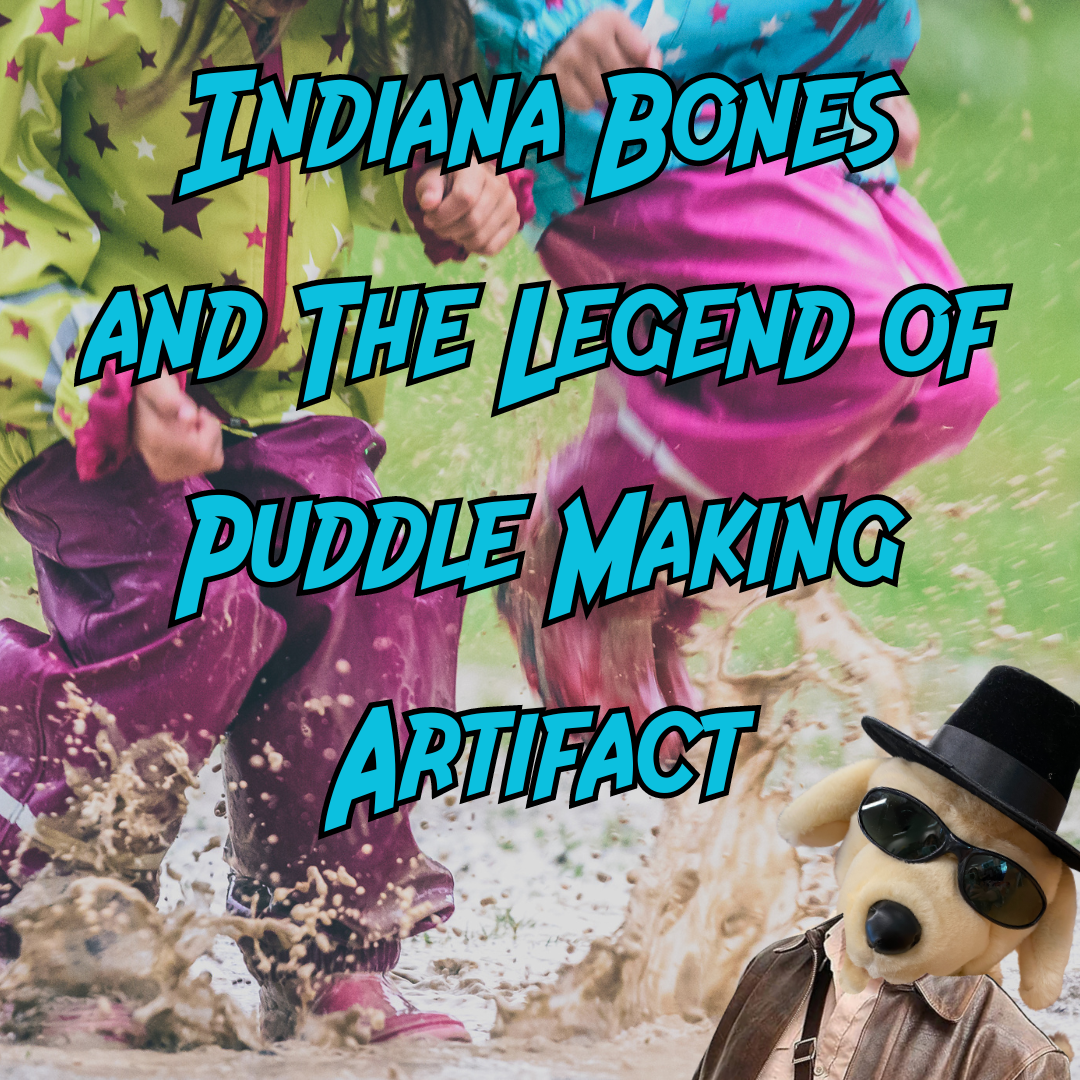 Children's jumping in puddles with Indiana Bones in the corner