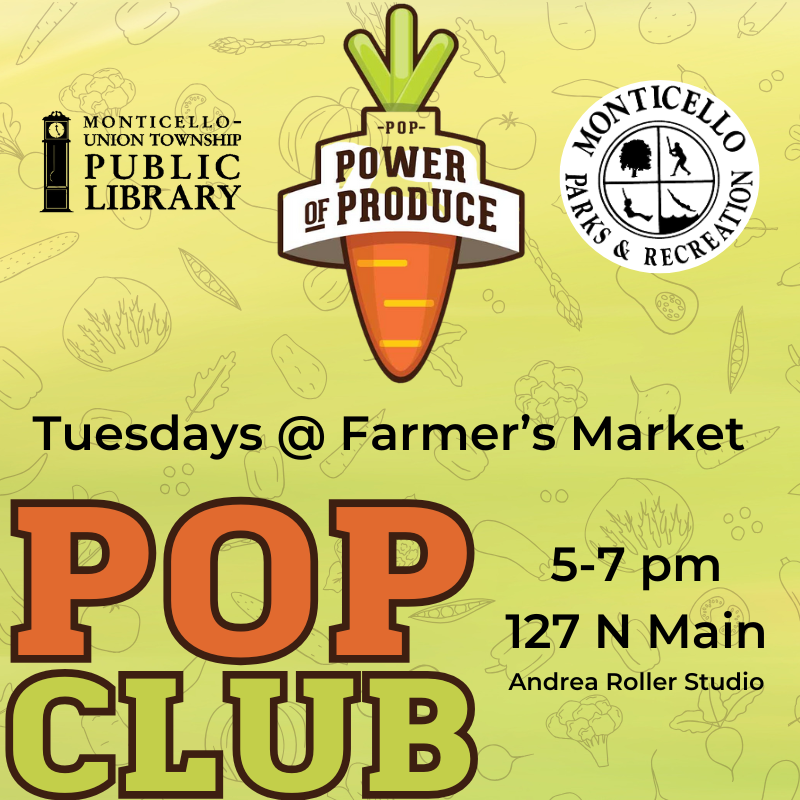 Green background with a carrot and the library and park logos.