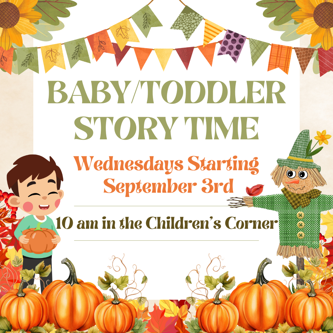 Pumpkin patch with banners, child holding a pumpkin and a scarecrow.