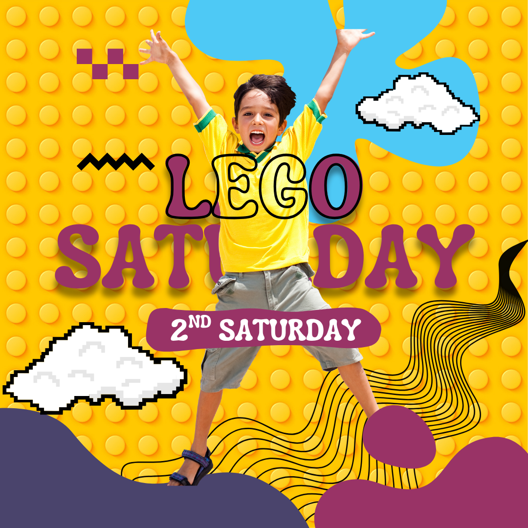 Yellow lego background with a hint of sky with a cloud, boy jumping into the air